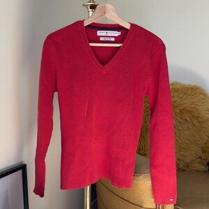 Vintage Tommy Hilfiger 100% Cotton Red Ribbed V-Neck Sweater| US L